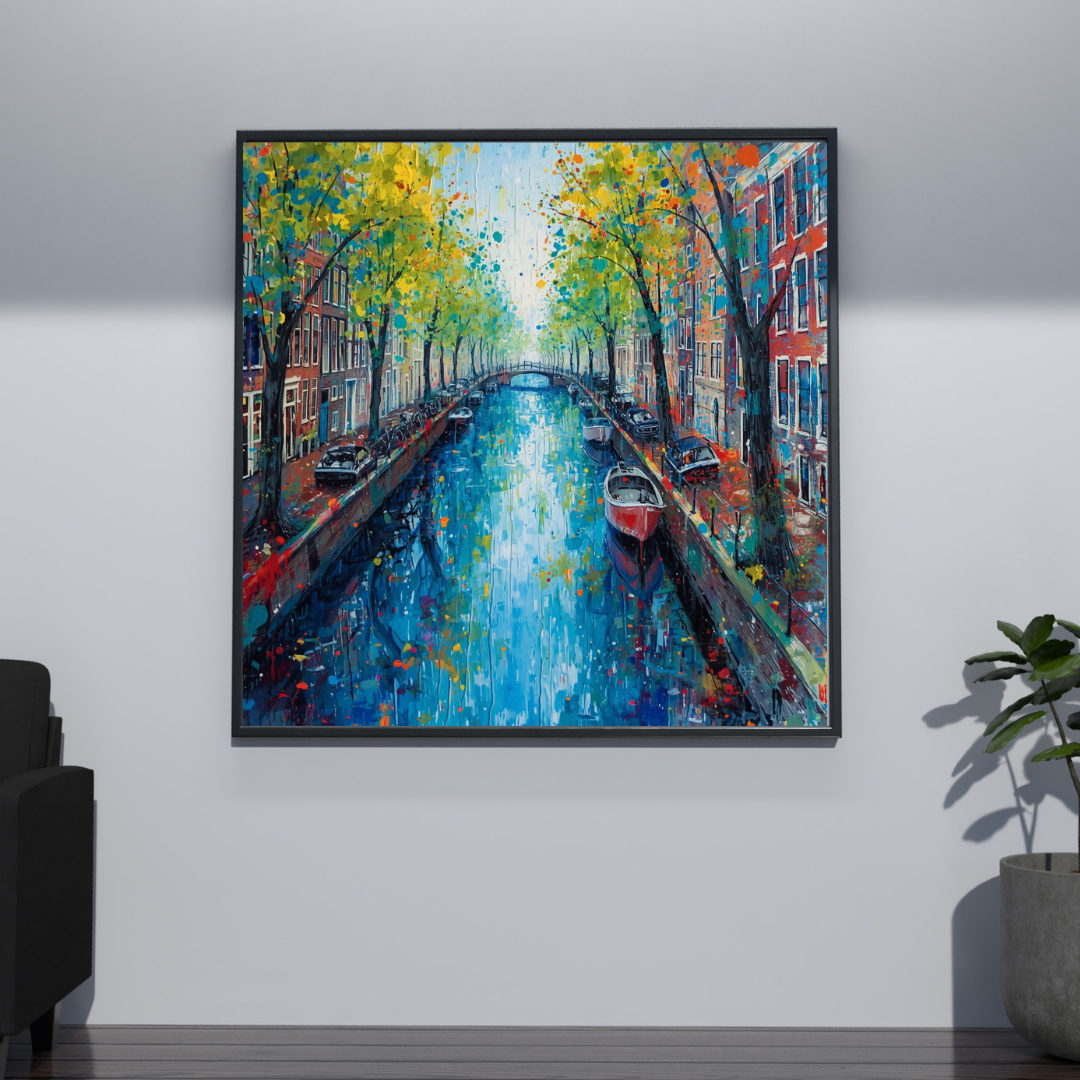 Amsterdam gracht herfst schilderij in zwarte lijst aan grijsblauwe muur naast grote zwarte plant in moderne minimalistische ruimte – wall art print interieur
