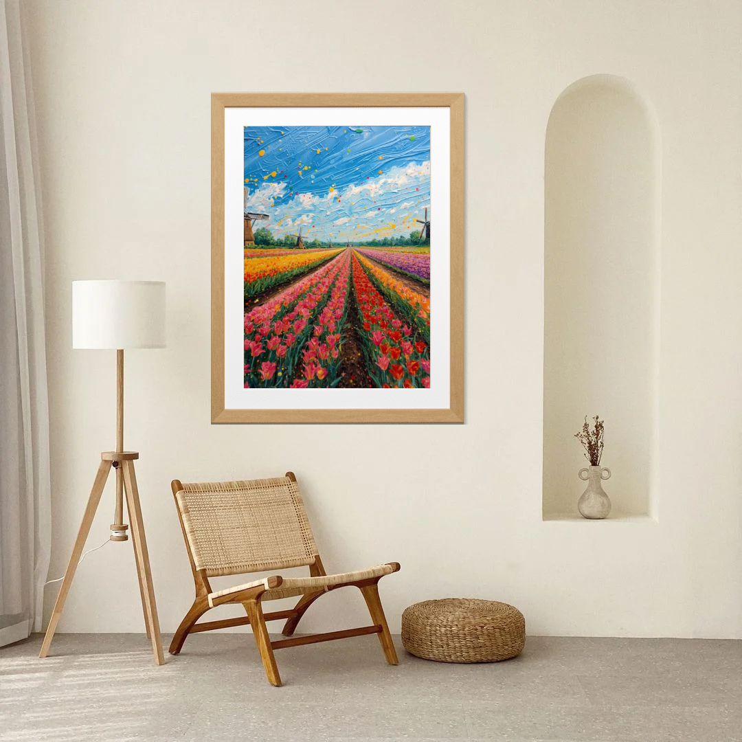 Tulpenveld windmolen schilderij in houten lijst aan witte boogvormige muur naast houten klapstoelen en witte vloerlamp in lichte neutrale ruimte – bloemen wall art print
