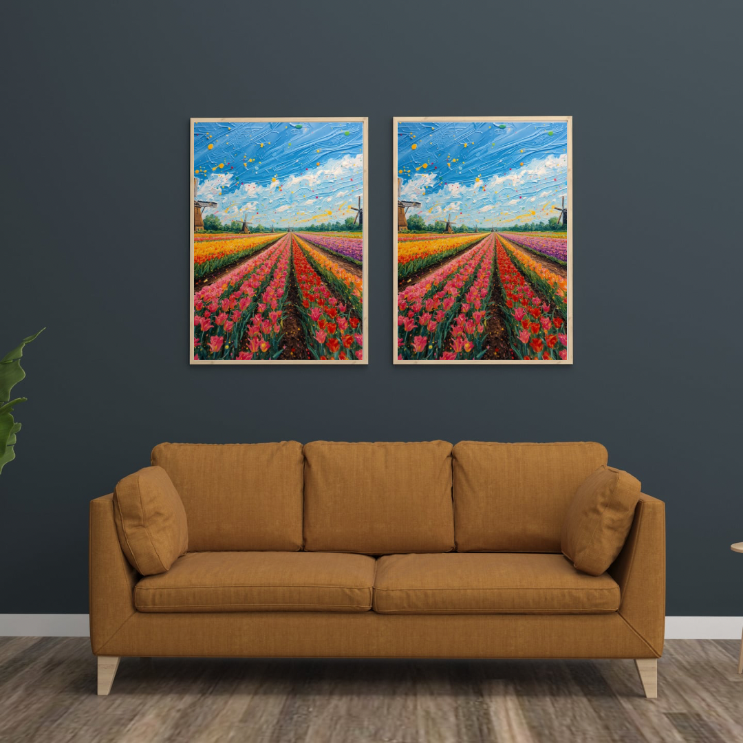 Tulpenveld windmolen schilderij als diptiek in twee witte lijsten aan antraciet muur boven bruine bank met beige kussens – bloemen wall art print woonkamer
