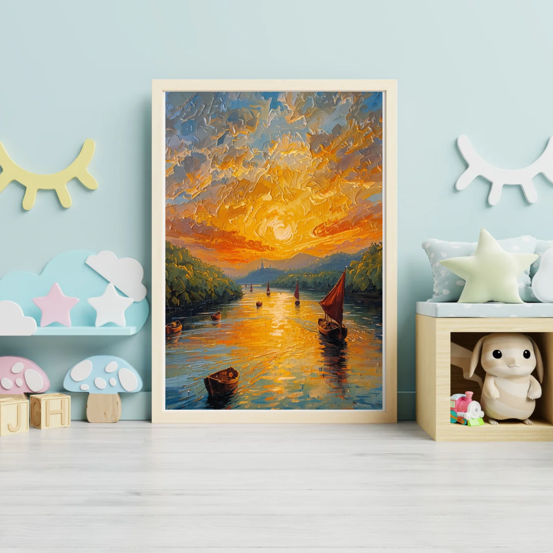 Zonsondergang zeilboot schilderij in witte lijst aan lichtblauwe muur naast witte kast met speelgoed en decoratieve wolkjes in kinderkamer – wall art print
