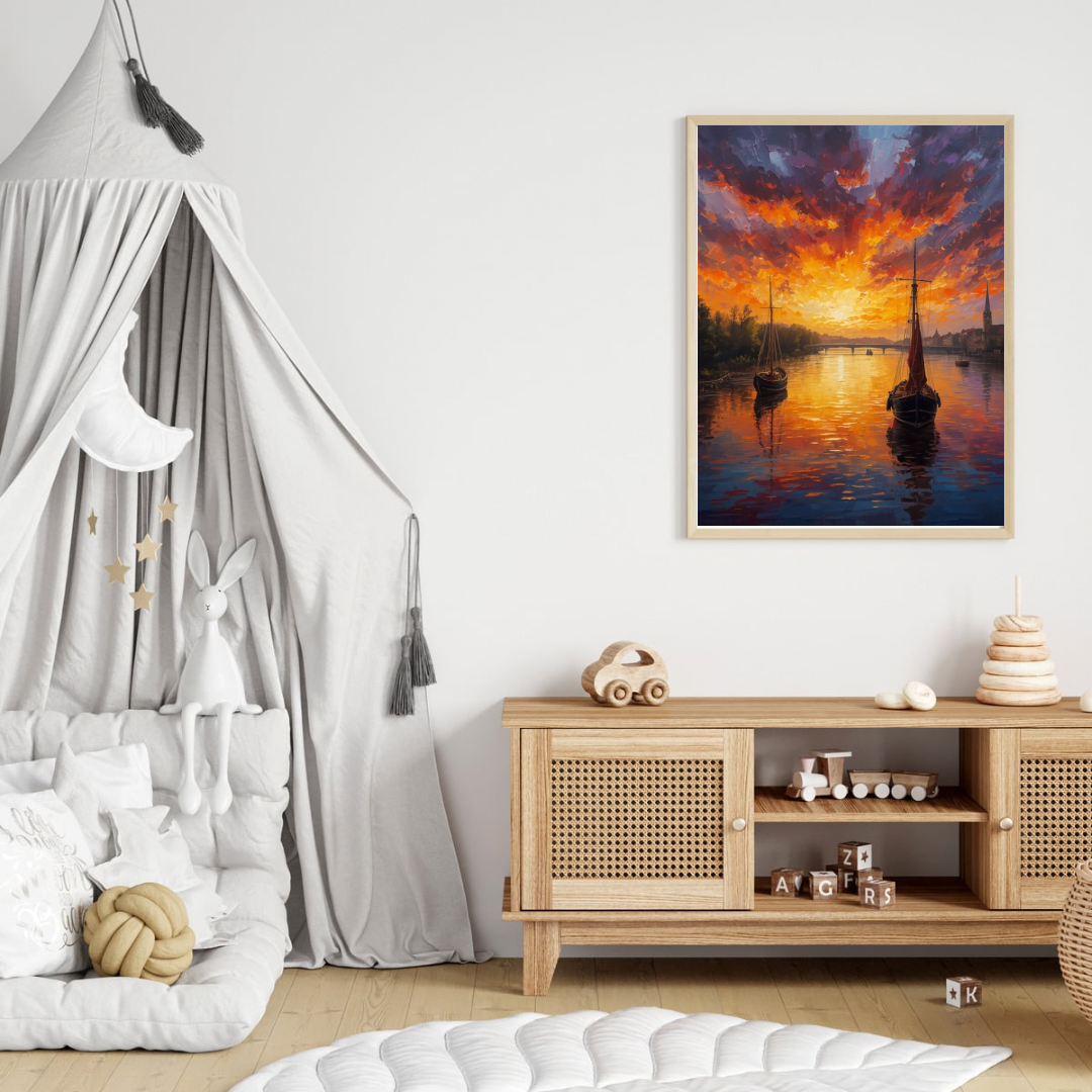 Dramatische haven zonsondergang schilderij in gouden lijst aan witte muur naast grijze baldakijn en rieten dressoir met speelgoed in kinderkamer – wall art print
