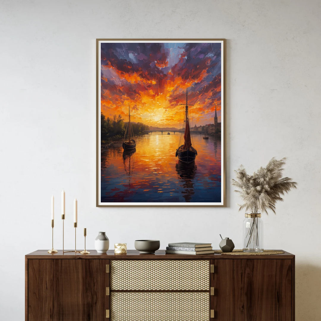 Dramatische haven zonsondergang schilderij in gouden lijst aan witte muur boven donker houten dressoir met kaarsen en witte vaas – maritiem wall art print woonkamer
