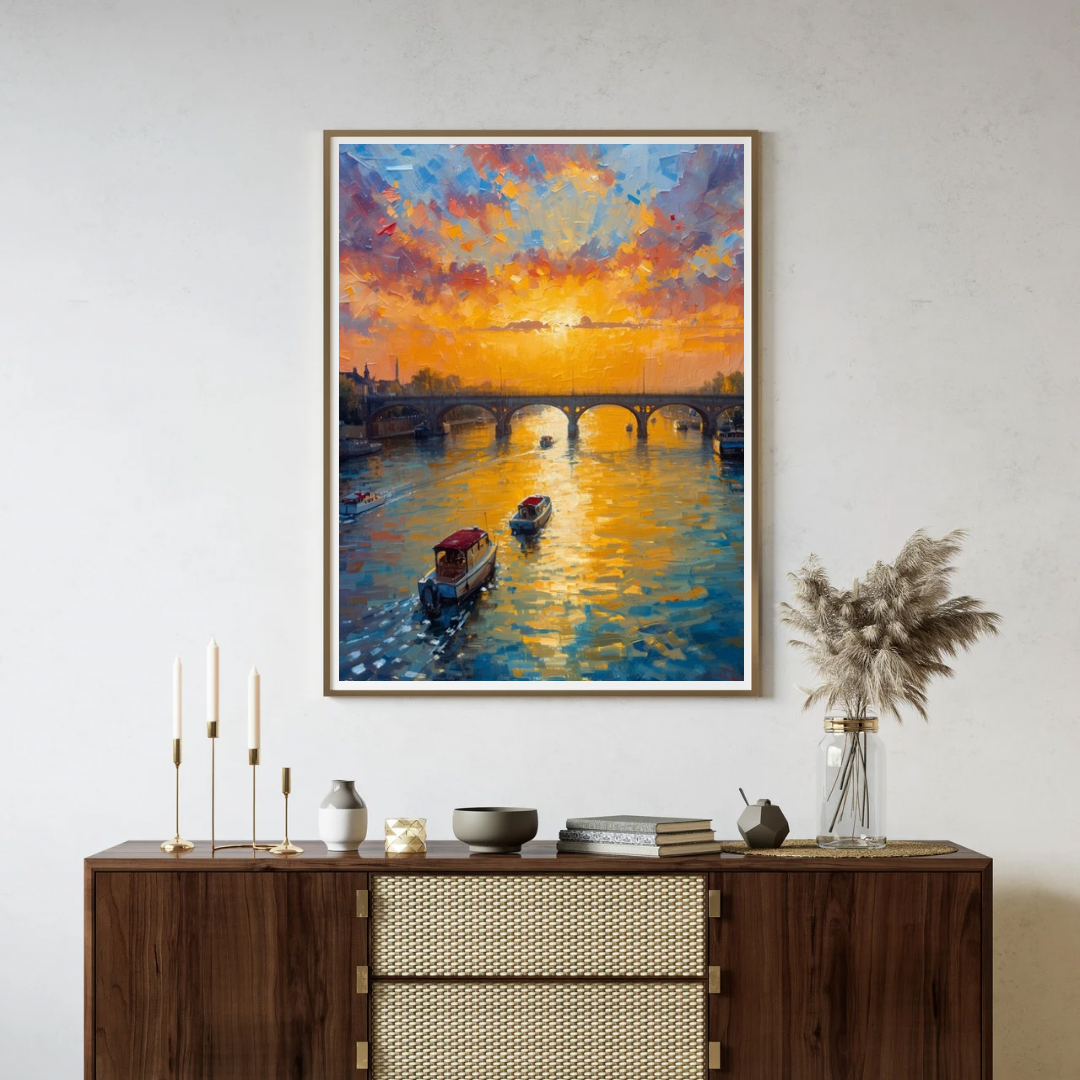 Stadsbrug zonsondergang schilderij in gouden lijst aan witte muur boven donker houten dressoir met kaarsen en droogbloemen – maritiem wall art print woonkamer
