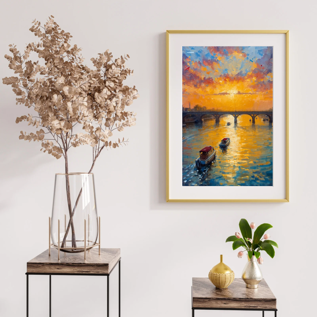 Stadsbrug zonsondergang schilderij in gouden lijst aan witte muur naast glazen vaas met droogbloemen en gele vaas op houten consoletafel – wall art print hal
