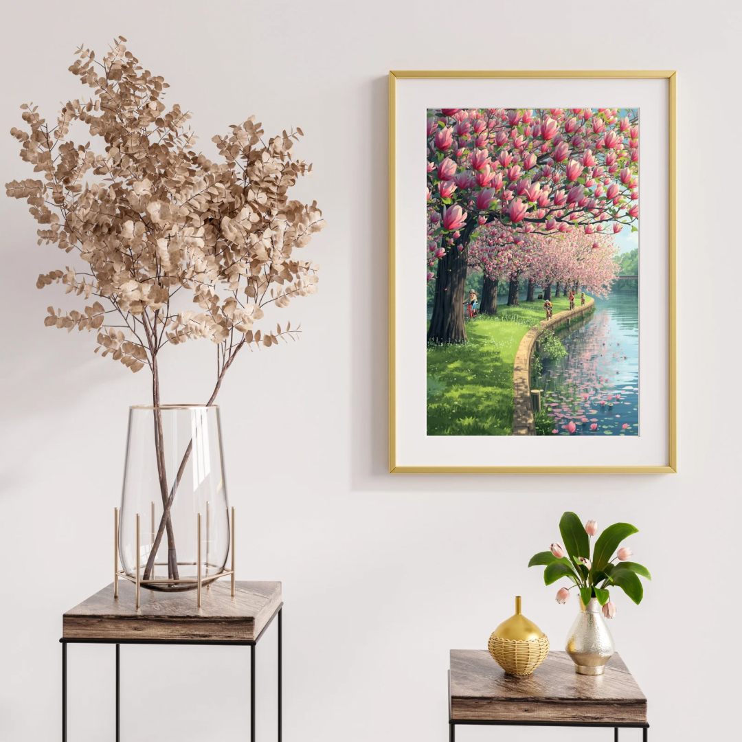 Alphen aan den Rijn lentepad schilderij in gouden lijst aan witte muur naast glazen vaas met droogbloemen en kleine groene plant op houten consoletafel – wall art print
