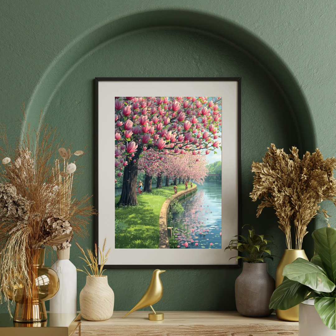 Alphen aan den Rijn lentepad schilderij in gouden lijst in donkergroene boogvormige nis met droogbloemen, witte vazen en gouden eend – wall art print interieur
