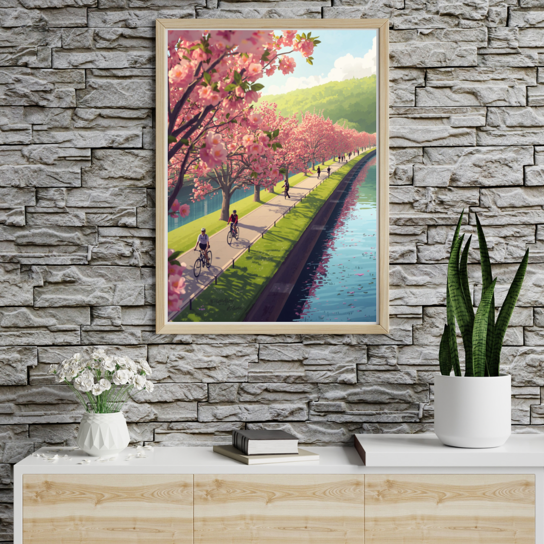 Alphen aan den Rijn fietspad kersenbloesem schilderij in houten lijst aan grijze natuurstenen muur naast witte vaas en groene plant op witte consoletafel – wall art print
