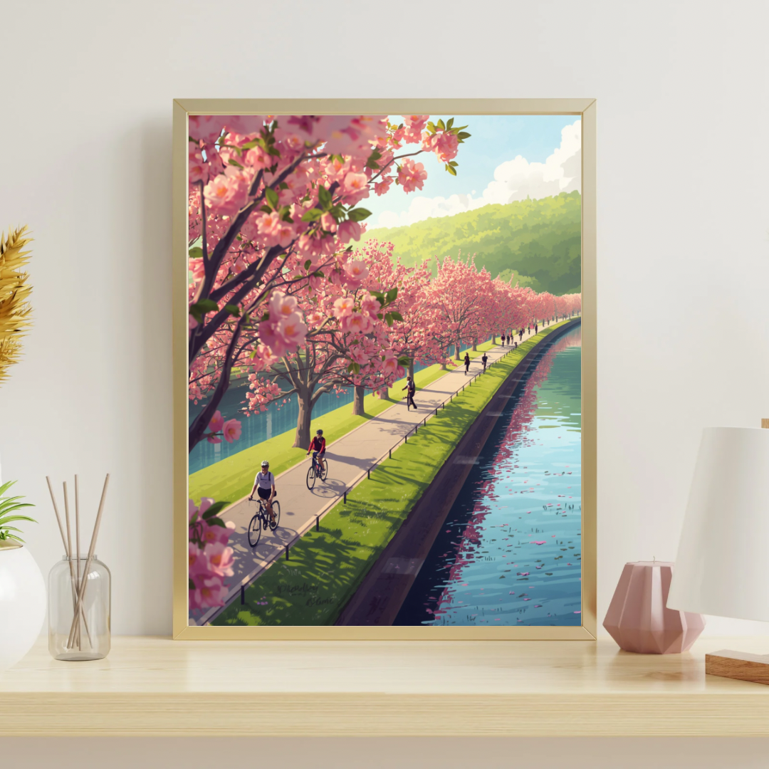 Alphen aan den Rijn fietspad kersenbloesem schilderij in houten lijst staand op witte plank naast witte vaas en roze decoratieve objecten – wall art print interieur
