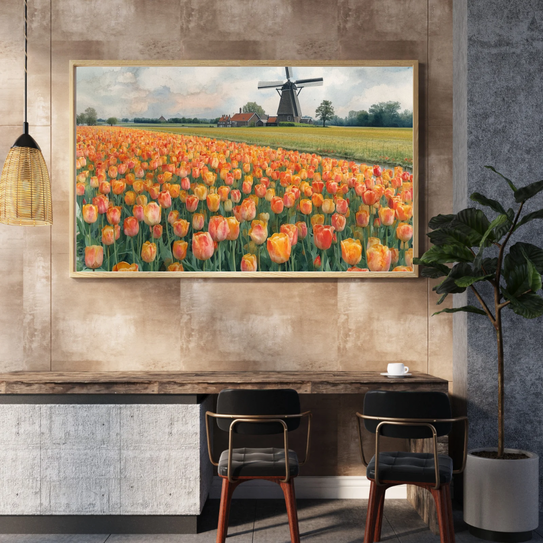 Oranje tulpenveld windmolen aquarel schilderij in houten lijst aan betonnen muur boven donker houten bartafel met barkrukken en hangende gloeilampen – bloemen wall art print
