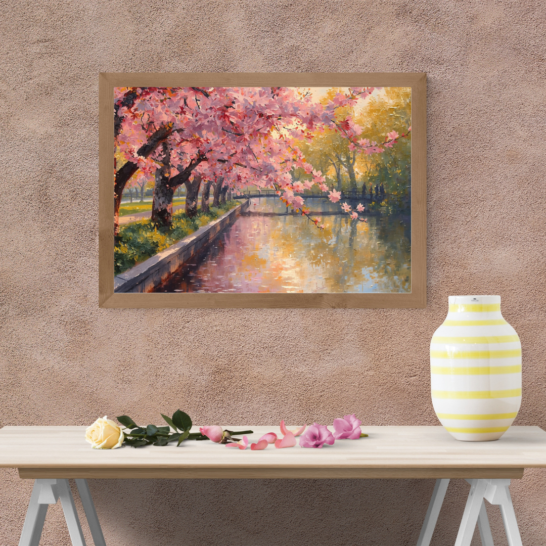 Alphen aan den Rijn kanaalpad kersenbloesem schilderij in zwarte lijst aan beige muur boven witte werktafel met witte vaas en gele decoratieve objecten – wall art print
