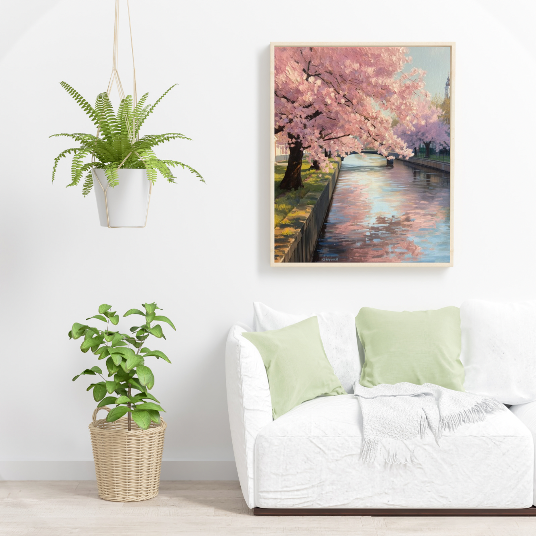 Alphen aan den Rijn kersenbloesem kade schilderij in witte lijst aan witte muur naast grote groene hangplant en witte fauteuil met groene kussens – wall art print woonkamer
