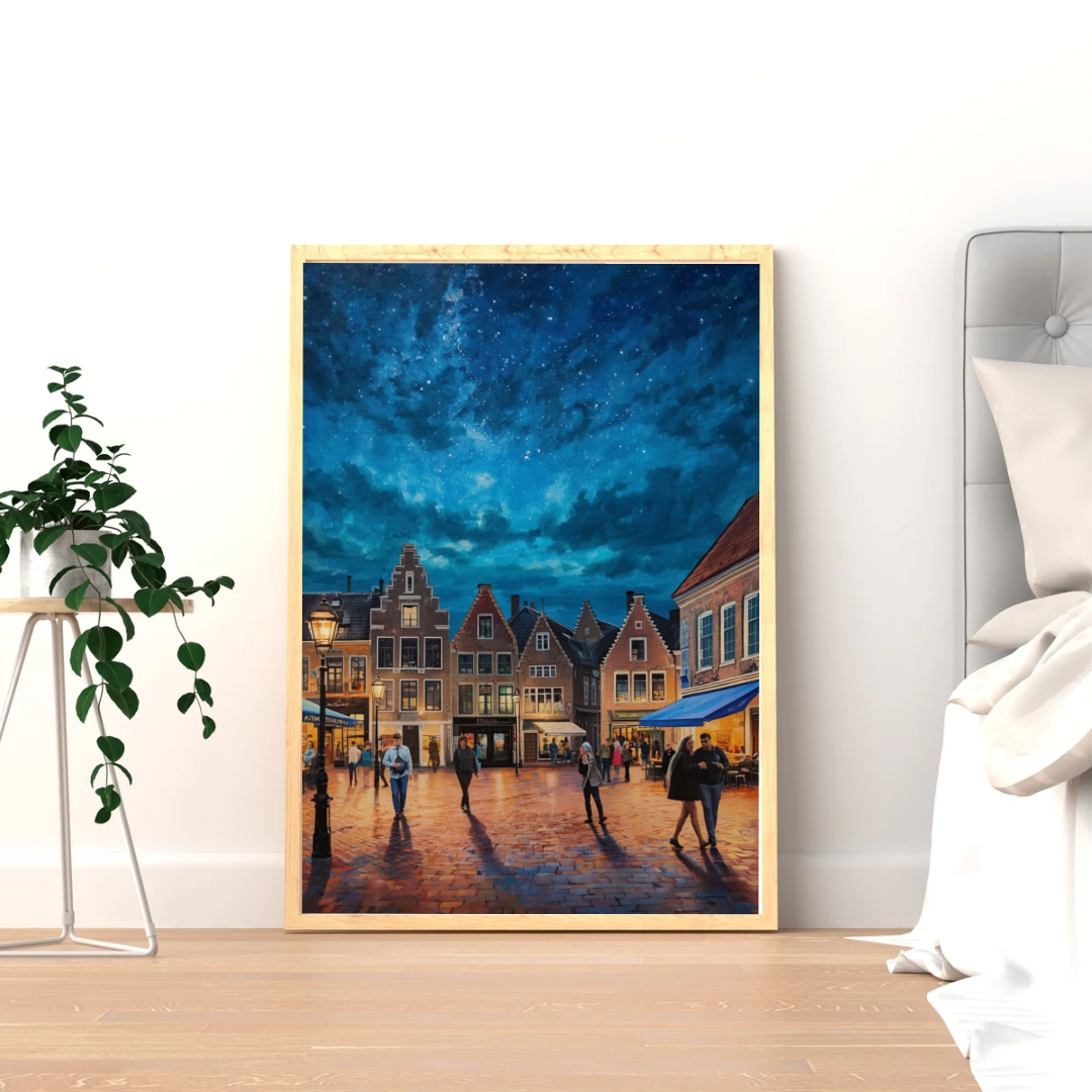 Alphen aan den Rijn sterrenhemel marktplein schilderij in houten lijst staand op houten vloer naast grote groene plant en wit bed met linnen dekens in slaapkamer – wall art print
