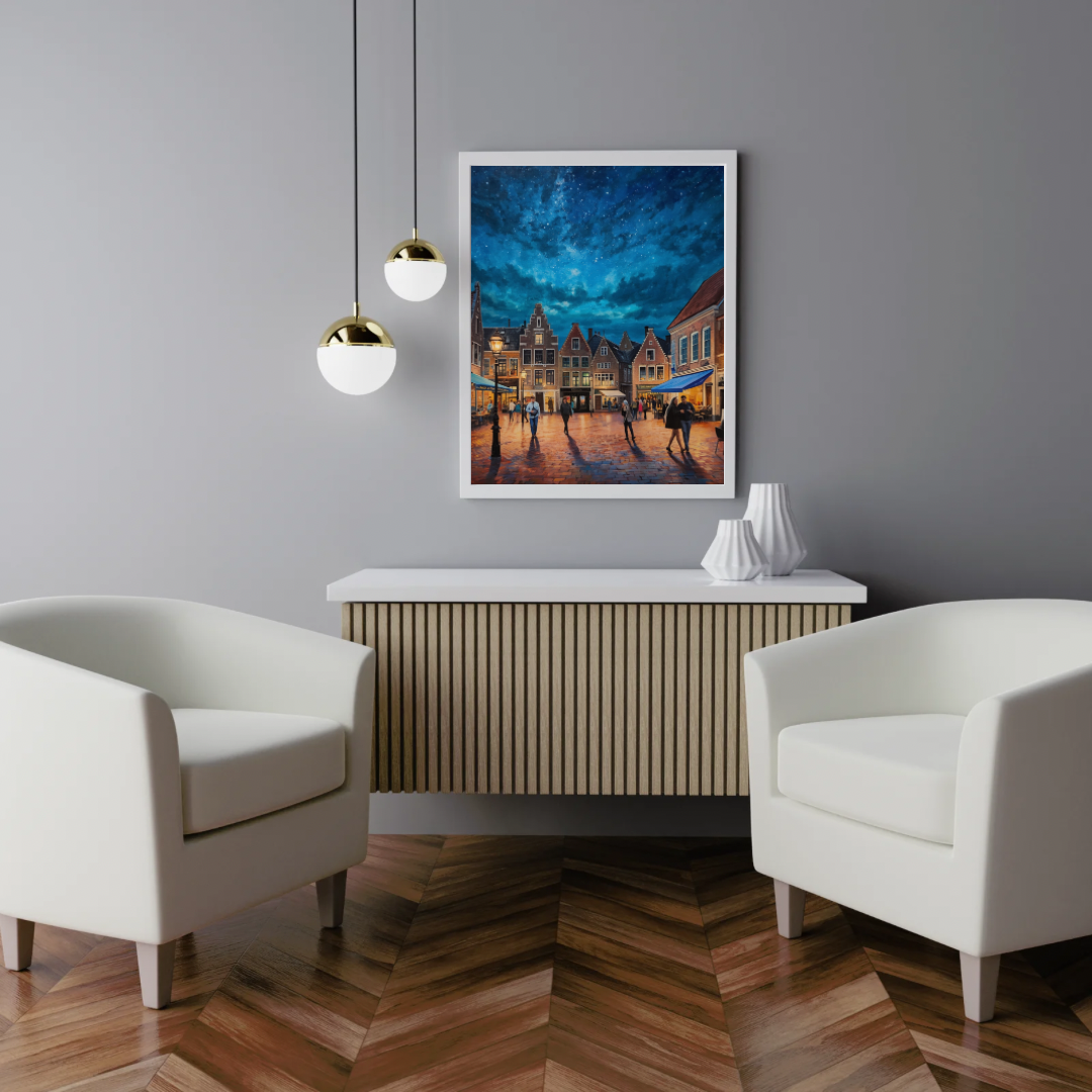 Alphen aan den Rijn sterrenhemel marktplein schilderij in witte lijst aan grijze muur boven witte ronde tafel met twee witte fauteuils en hangende gloeilamp – wall art print interieur
