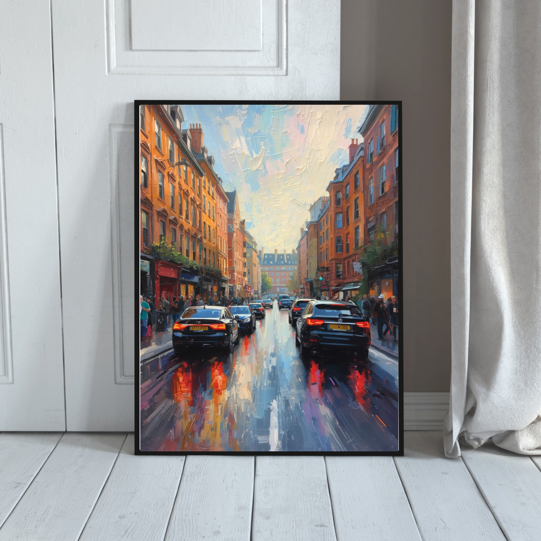 Amersfoort regenachtige binnenstad schilderij in zwarte lijst staand op witte houten vloer naast witte gordijnen in minimalistische hal – wall art print
