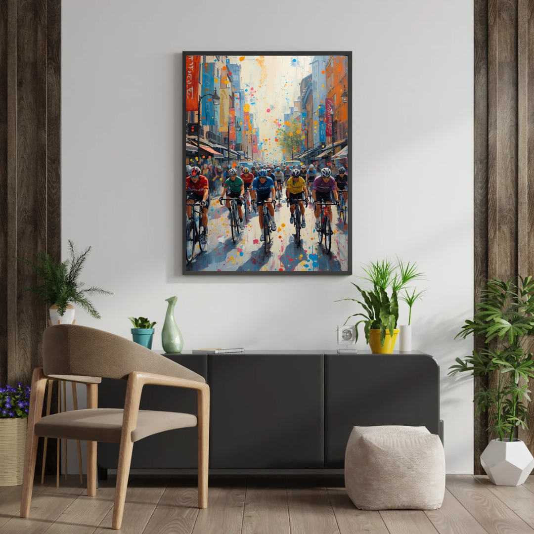 Amersfoort wielerwedstrijd binnenstad schilderij in houten lijst aan witte muur boven donker tv-meubel met groene plant en grijze fauteuil – wall art print woonkamer
