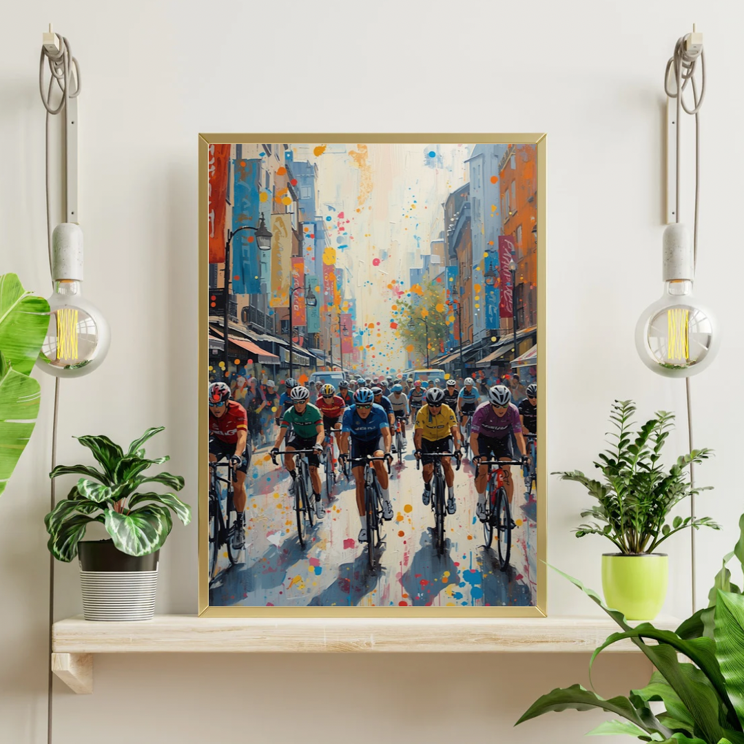 Amersfoort wielerwedstrijd binnenstad schilderij in houten lijst staand op witte plank met groene plant en witte vaas aan witte muur – wall art print interieur
