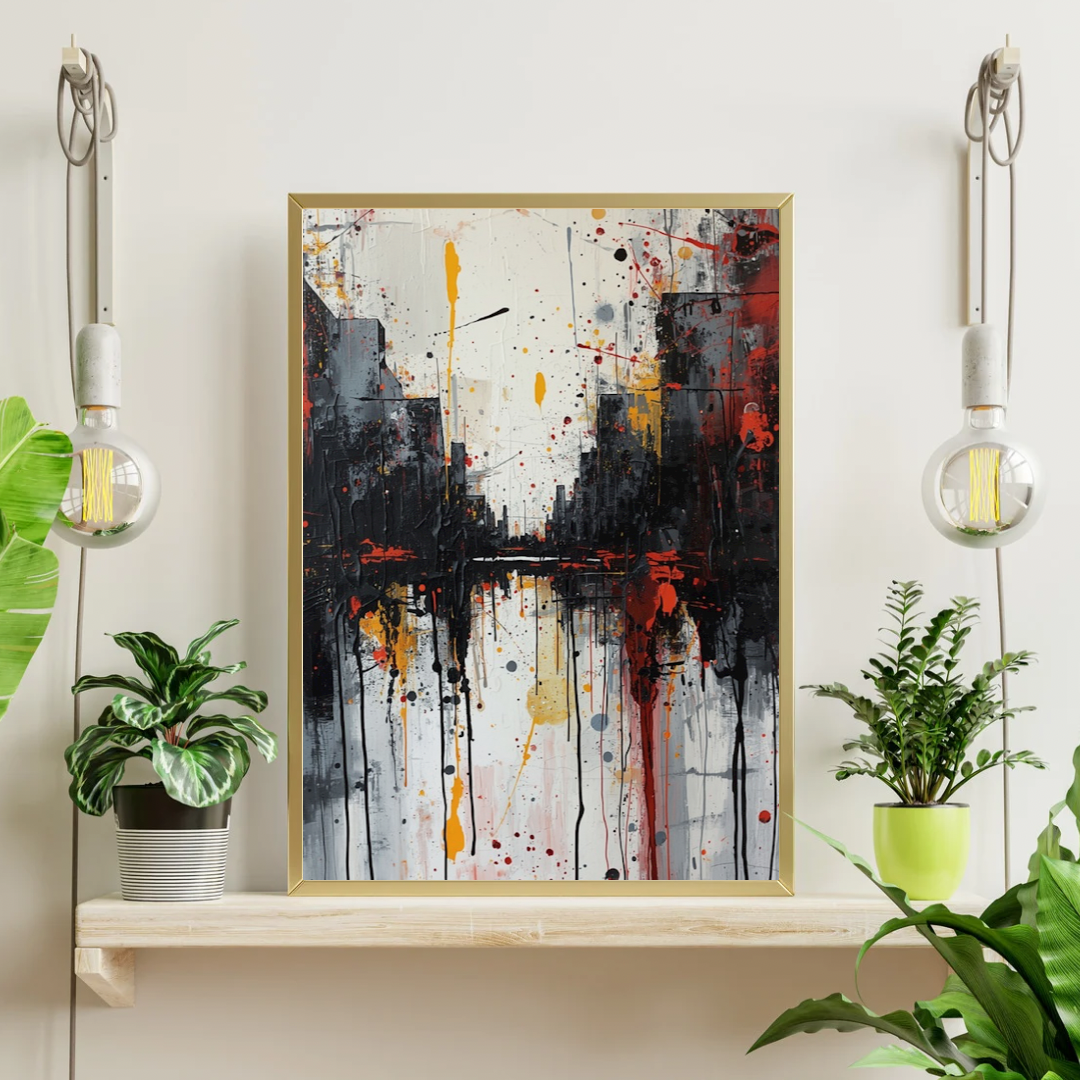 Amersfoort abstract stadsgezicht schilderij in gouden lijst staand op witte plank met groene plant en decoratieve objecten aan witte muur – wall art print interieur
