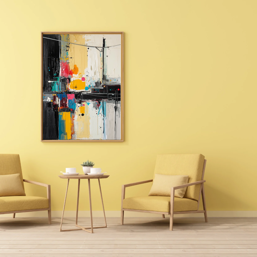 Amersfoort abstract kleurspel schilderij in zwarte lijst aan gele muur boven witte ronde bijzettafel met twee beige fauteuils – wall art print woonkamer
