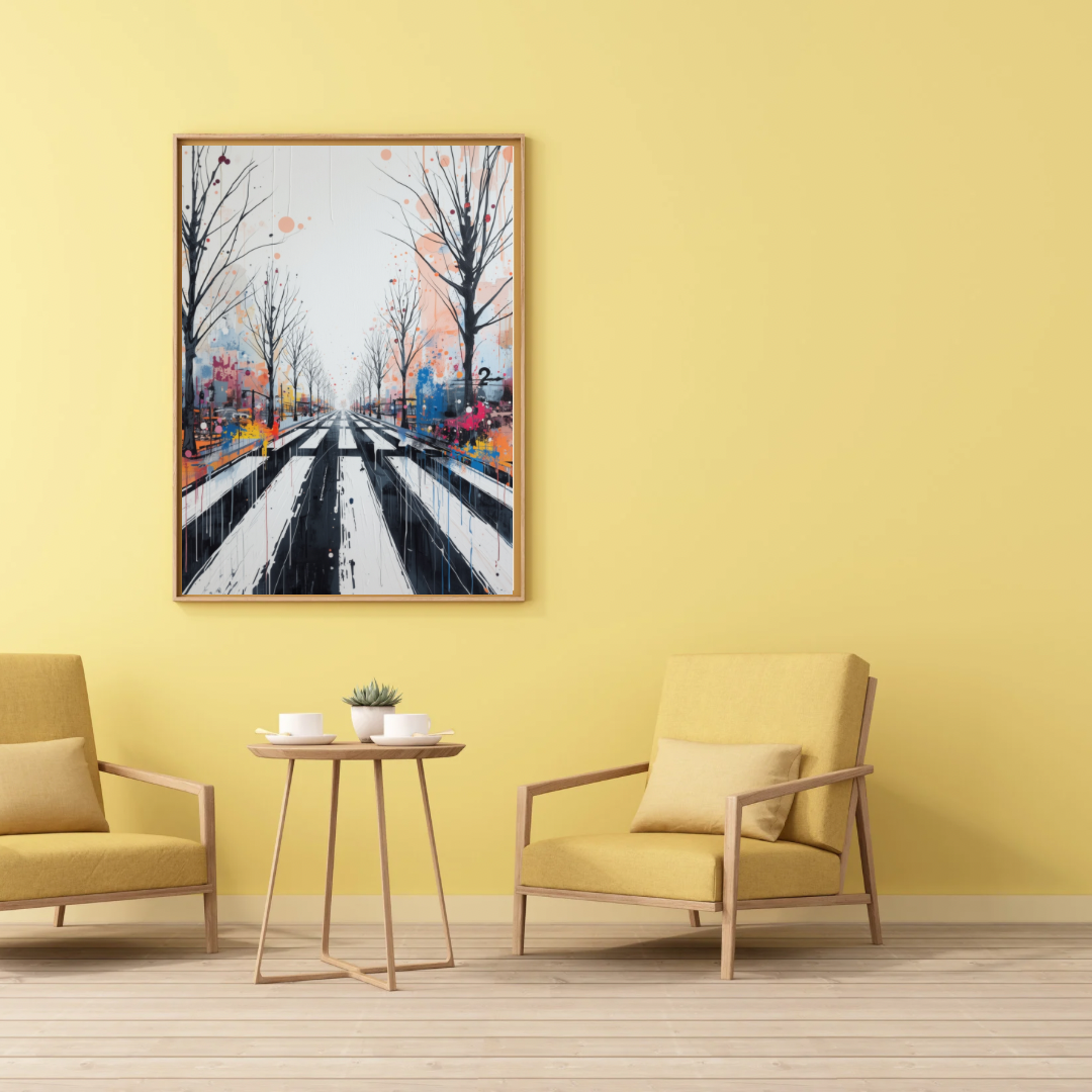 Amersfoort abstract laan winterbomen schilderij in zwarte lijst aan gele muur boven witte ronde bijzettafel met twee beige fauteuils – wall art print woonkamer

