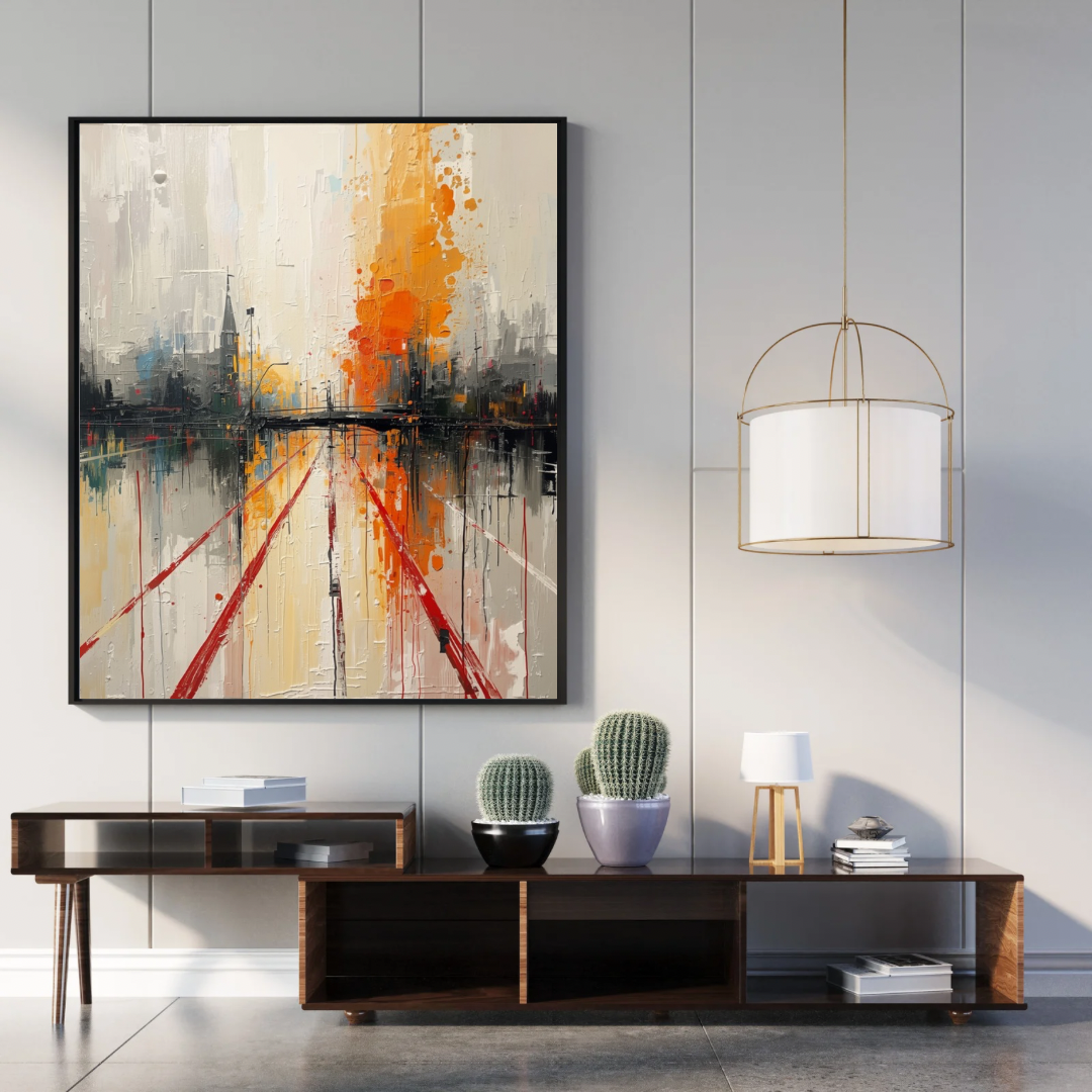 Amersfoort abstract stadsgezicht kerktoren schilderij in zwarte lijst aan grijze muur boven donker bureau met zwarte lamp en witte hanglamp – wall art print thuiskantoor
