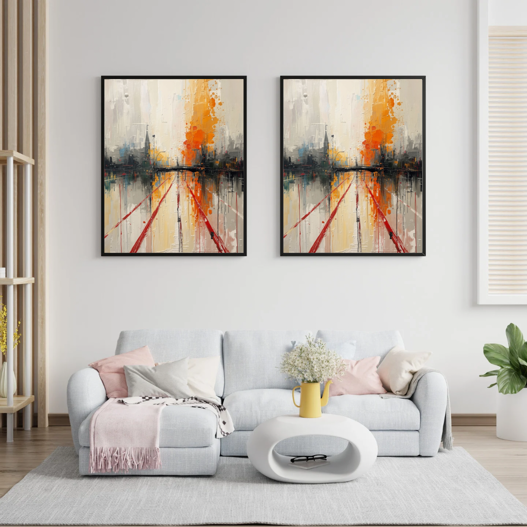 Amersfoort abstract stadsgezicht kerktoren schilderij als diptiek in twee zwarte lijsten aan witte muur boven witte bank met witte kussens – wall art print woonkamer
