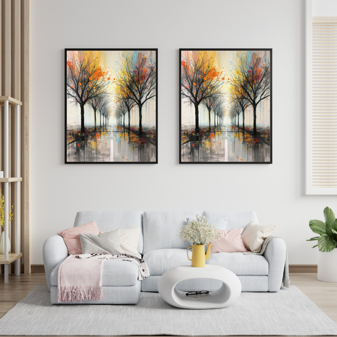 Amersfoort dromerige herfstlaan schilderij als diptiek in twee zwarte lijsten aan witte muur boven witte bank met gele kussens en witte salontafel – wall art print woonkamer
