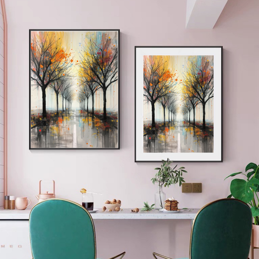 Amersfoort dromerige herfstlaan schilderij als diptiek in twee zwarte lijsten aan roze muur boven wit bureau met groene stoelen en groene plant – wall art print werkruimte
