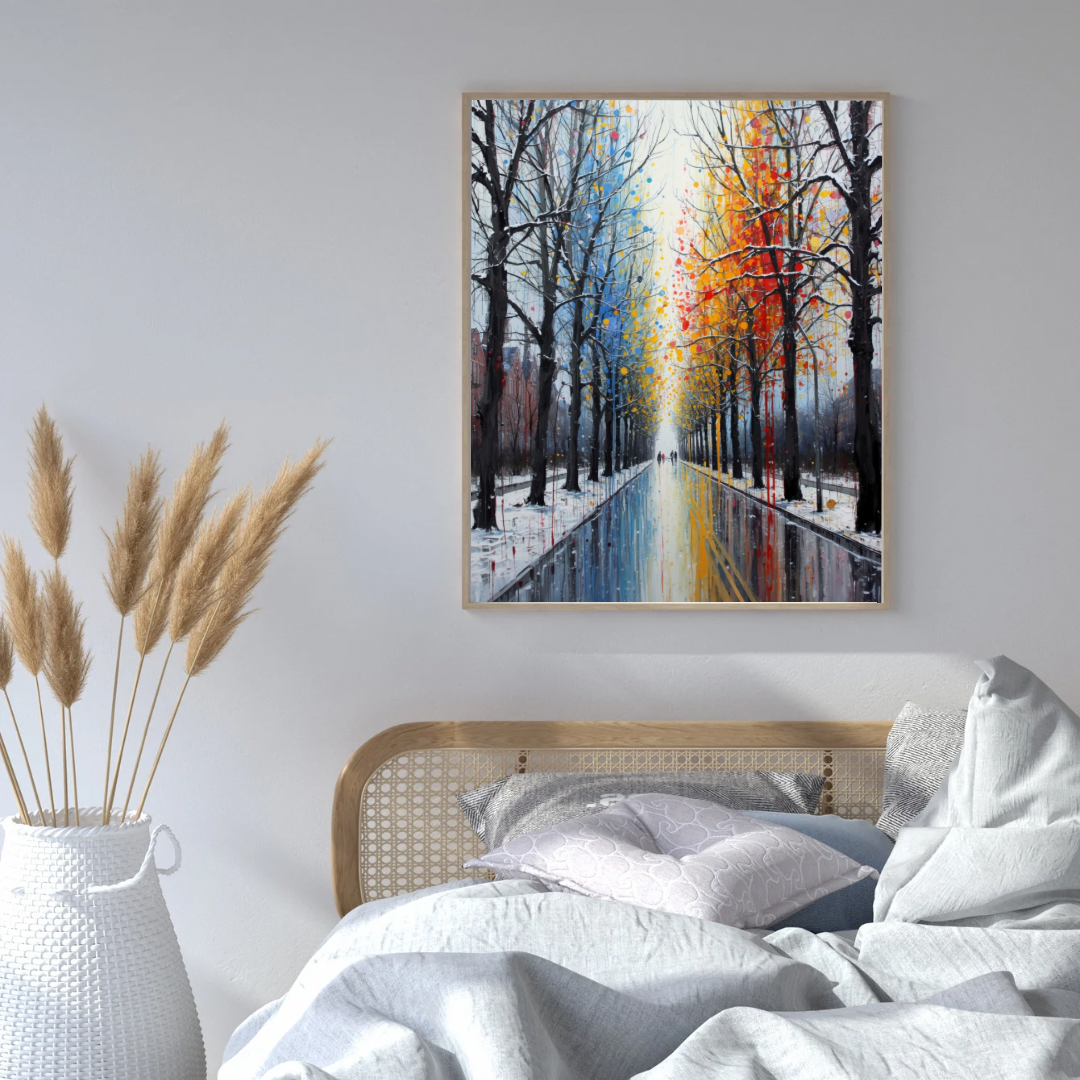 Amersfoort kleurrijke sneeuwlaan wandelaars schilderij in zwarte lijst aan witte muur boven houten bed met blauwe linnen dekens en droogbloemen in slaapkamer – wall art print
