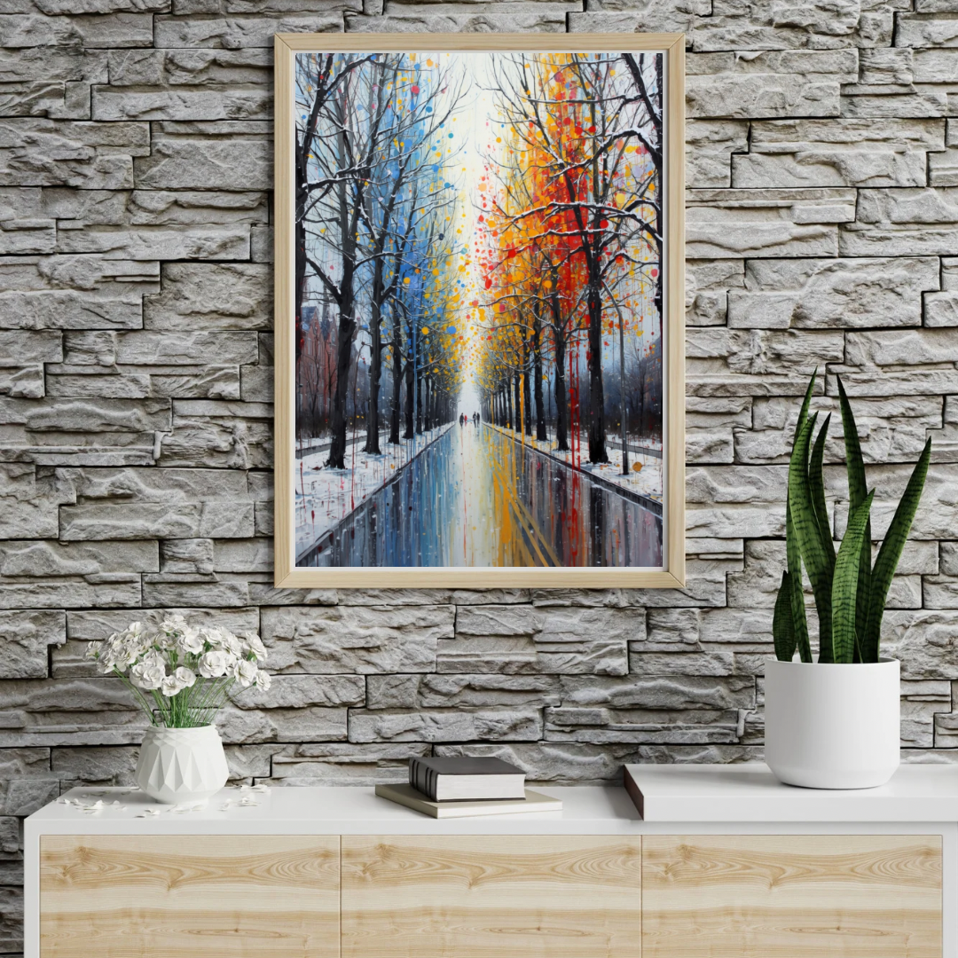 Amersfoort kleurrijke sneeuwlaan wandelaars schilderij in zwarte lijst aan grijze natuurstenen muur boven witte consoletafel met witte vaas en groene plant – wall art print hal
