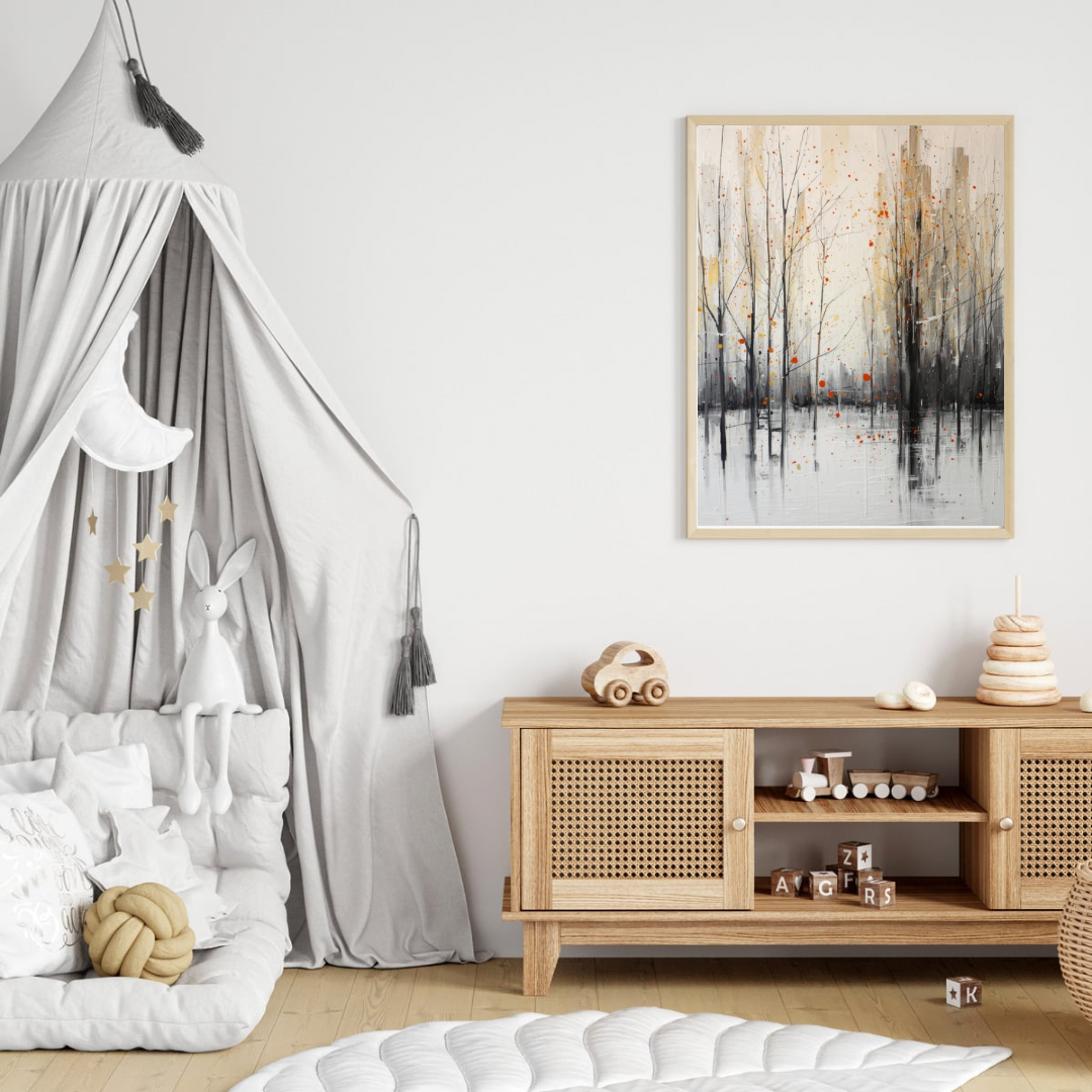 Abstract winterbomen verfspetters schilderij in houten lijst aan witte muur naast grijze baldakijn en rieten dressoir met speelgoed in kinderkamer – wall art print
