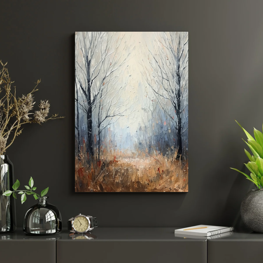 Impressionistische solitaire boom herfstlandschap schilderij in zwarte lijst aan donkere antraciet muur naast glazen vaas en groene plant op donker dressoir – wall art print
