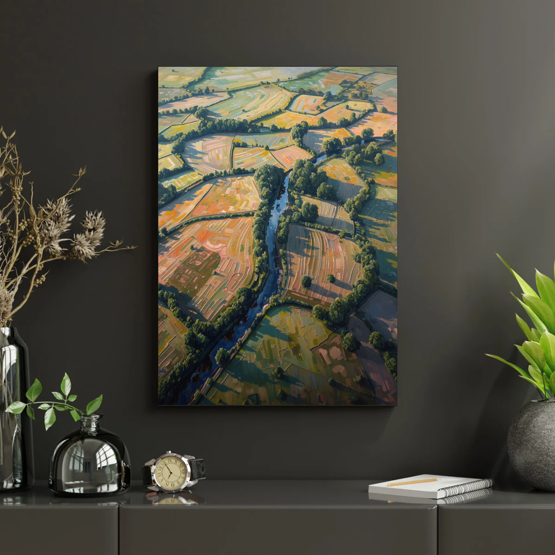 Nederlands polderlandschap luchtfoto schilderij in zwarte lijst aan donkere antraciet muur naast glazen vaas en groene plant op donker dressoir – wall art print interieur
