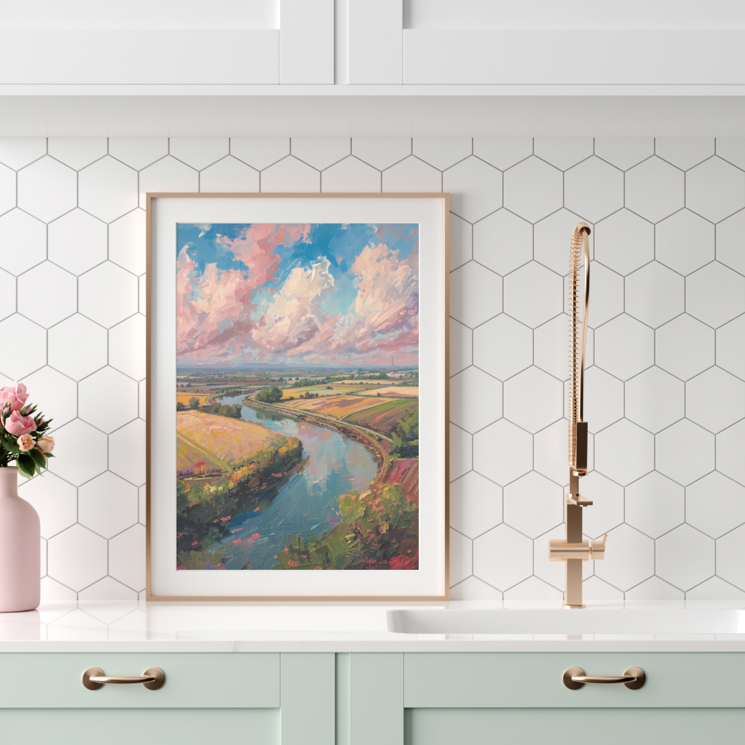 Nederlands polderlandschap rivier wolkenlucht schilderij in witte lijst aan witte muur boven mintgroene badkamerkast met roze bloem en zilveren kraan – wall art print badkamer
