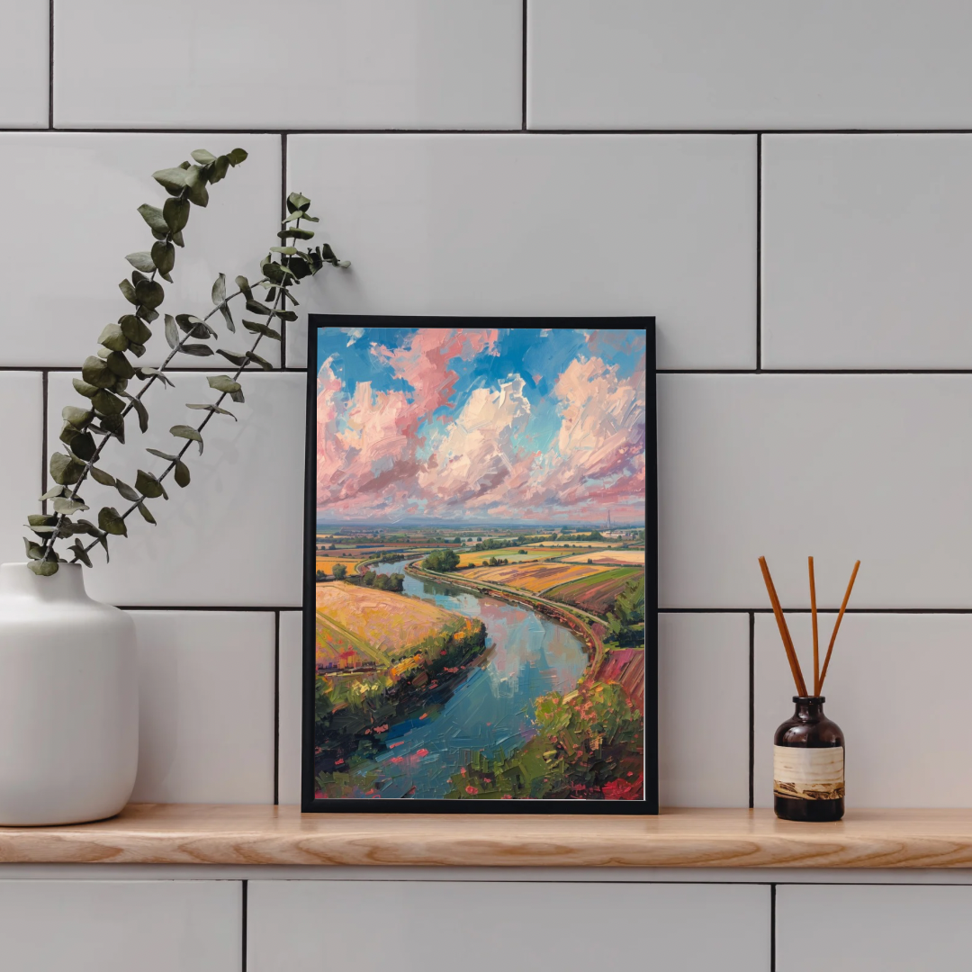 Nederlands polderlandschap rivier wolkenlucht schilderij in zwarte lijst staand op houten plank naast droogbloemen aan witte tegelmuur – wall art print hal
