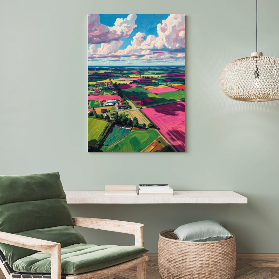 Nederlands polder luchtfoto felroze percelen schilderij in witte lijst aan grijsgroene muur boven wit bureau met witte stoel en hangende lamp – wall art print werkruimte

