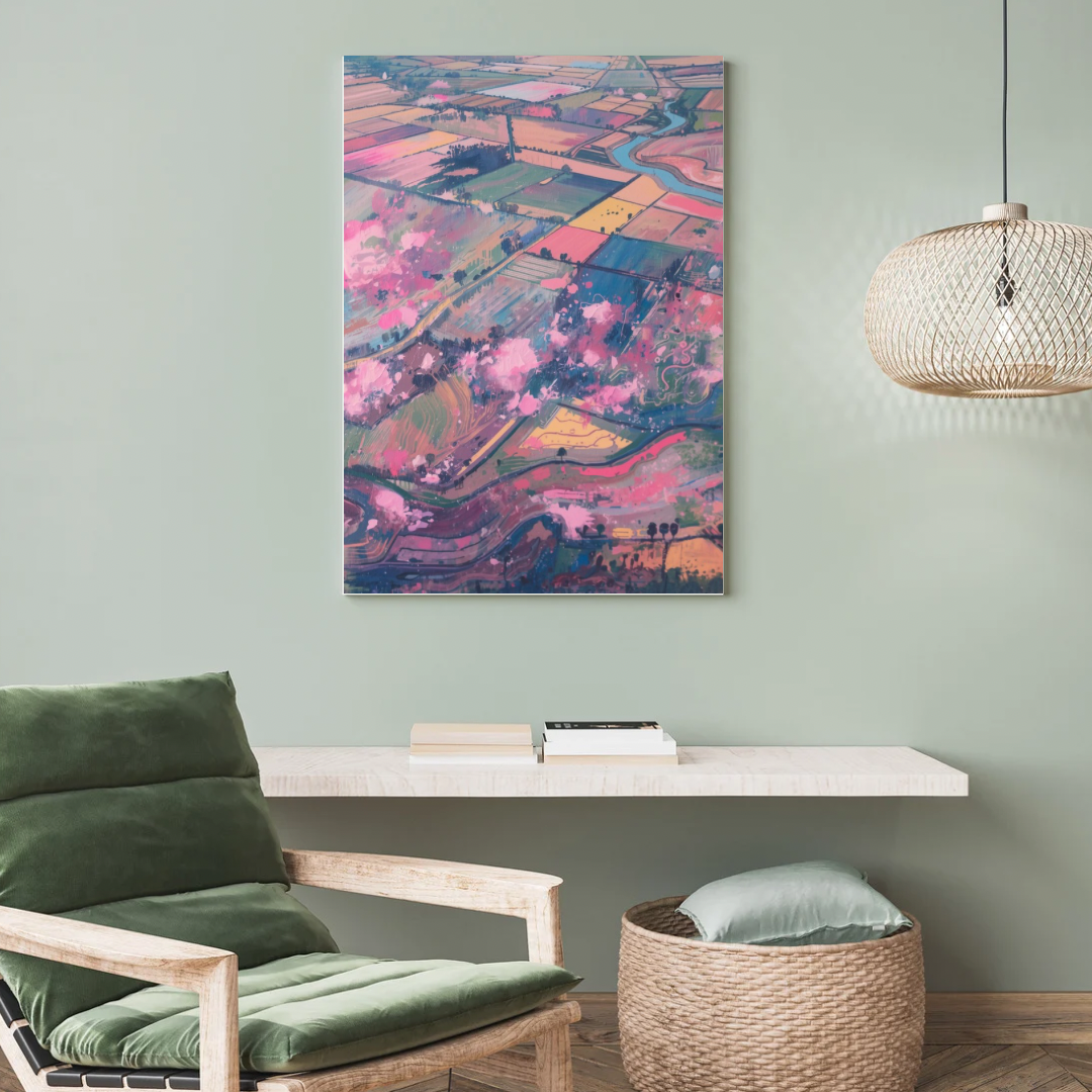 Nederlands polder luchtfoto roze pastel schilderij als canvas aan grijsgroene muur boven wit bureau met witte stoel en hangende lamp – wall art print werkruimte
