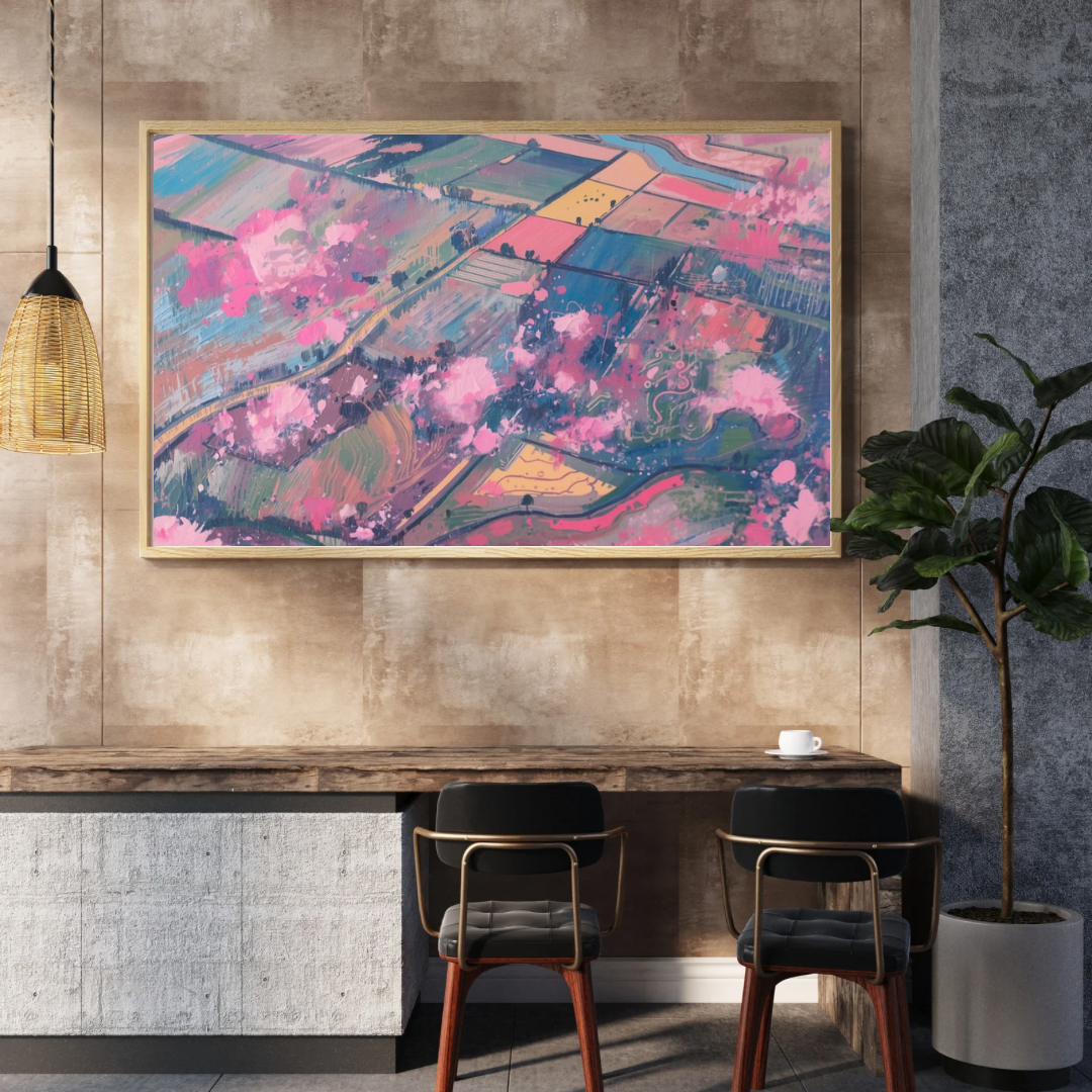 Nederlands polder luchtfoto roze pastel schilderij als canvas aan witte muur boven donker houten bureau met zwarte stoelen en groene plant – wall art print werkruimte
