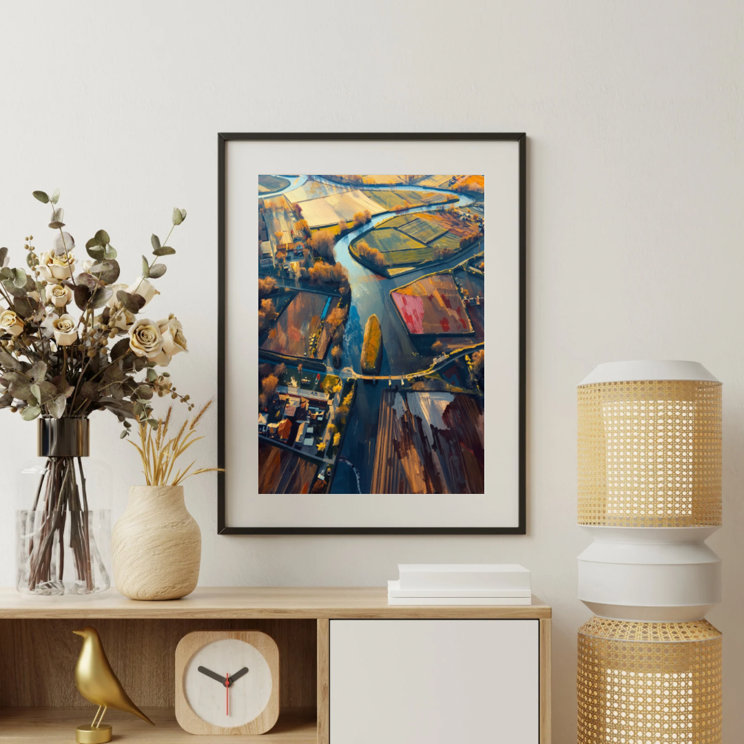 Amersfoort polder luchtfoto cinematografisch schilderij in zwarte lijst aan witte muur naast witte vaas met droogbloemen en witte wekker op wit dressoir – wall art print woonkamer
