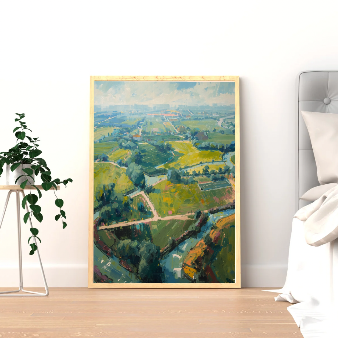 Nederlands polder luchtfoto groen impressionistisch schilderij in houten lijst staand op houten vloer naast grote groene hangplant en wit bed met linnen dekens – wall art print slaapkamer
