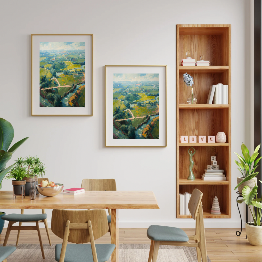 Nederlands polder luchtfoto groen impressionistisch schilderij in twee witte lijsten aan witte muur naast houten boekenkast met groene plant en eettafel – wall art print eetkamer
