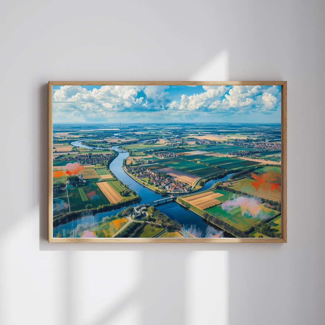 Nederlands polder mixed-media luchtfoto schilderij in houten lijst aan witte muur naast witte gordijnen en witte vensterbank in minimalistische ruimte – wall art print interieur
