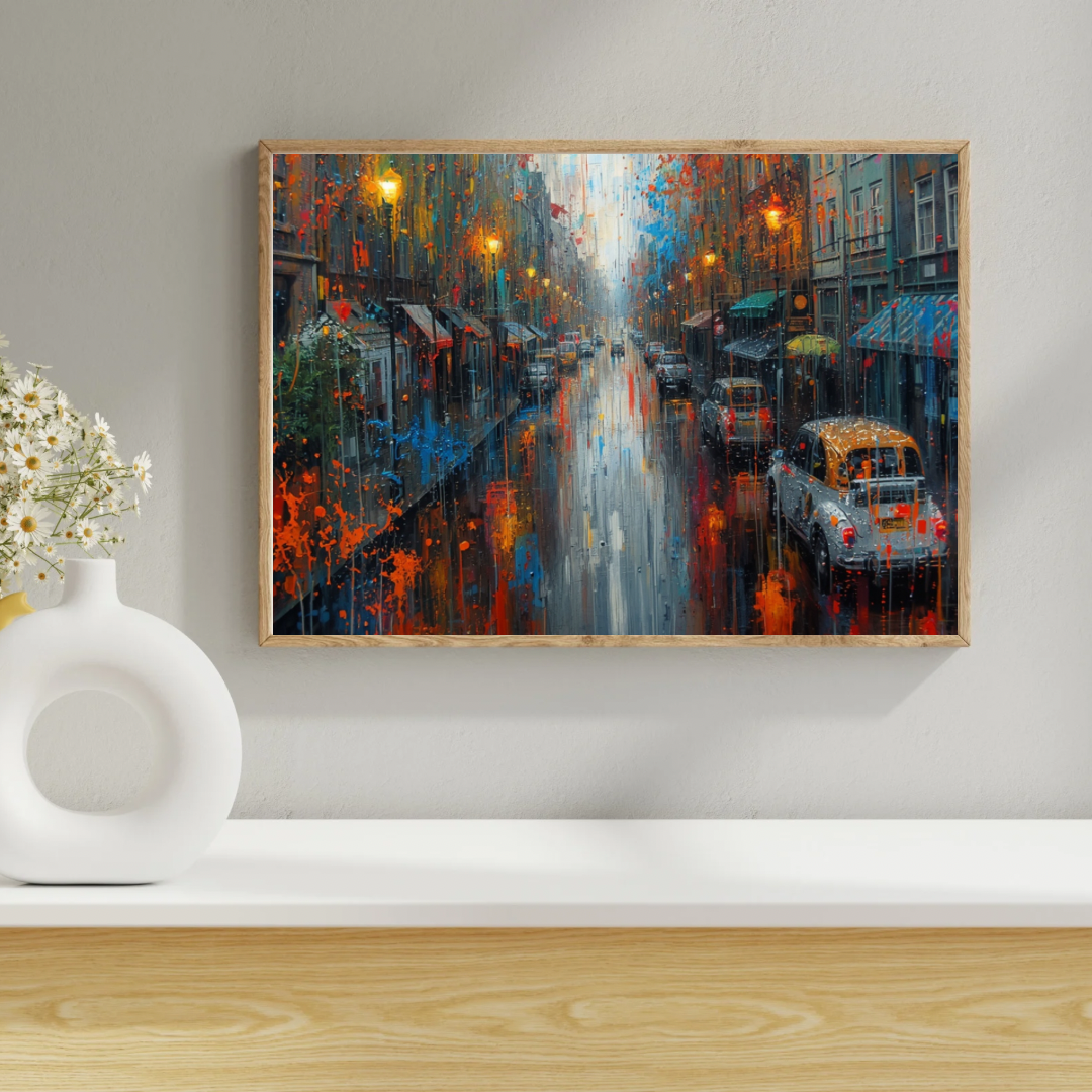 Amsterdam regenachtige nachtstraat expressionistisch schilderij in zwarte lijst aan witte muur naast witte vaas met droogbloemen en witte wekker op wit dressoir – wall art print woonkamer
