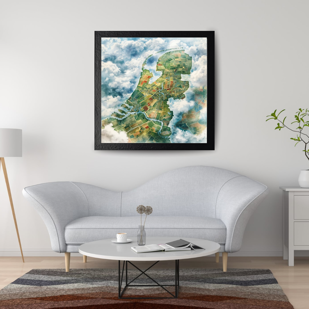 Nederland kaartillustratie aquarel schilderij in zwarte lijst aan witte muur boven witte ronde salontafel met twee witte fauteuils – wall art print woonkamer

