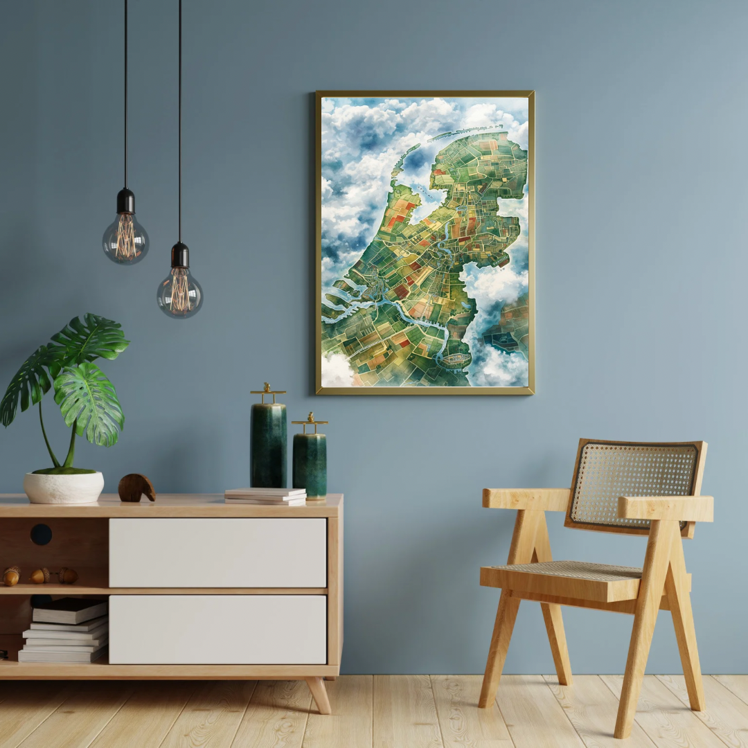 Nederland kaartillustratie aquarel schilderij in zwarte lijst aan blauwe muur boven houten dressoir met groene plant en houten stoel – wall art print woonkamer
