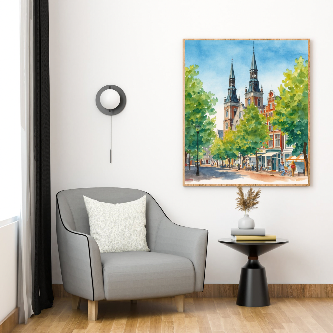 Amersfoort stadsplein kerktorens aquarel schilderij in houten lijst aan witte muur naast grijze fauteuil met ronde zwarte bijzettafel en staande lamp – wall art print woonkamer
