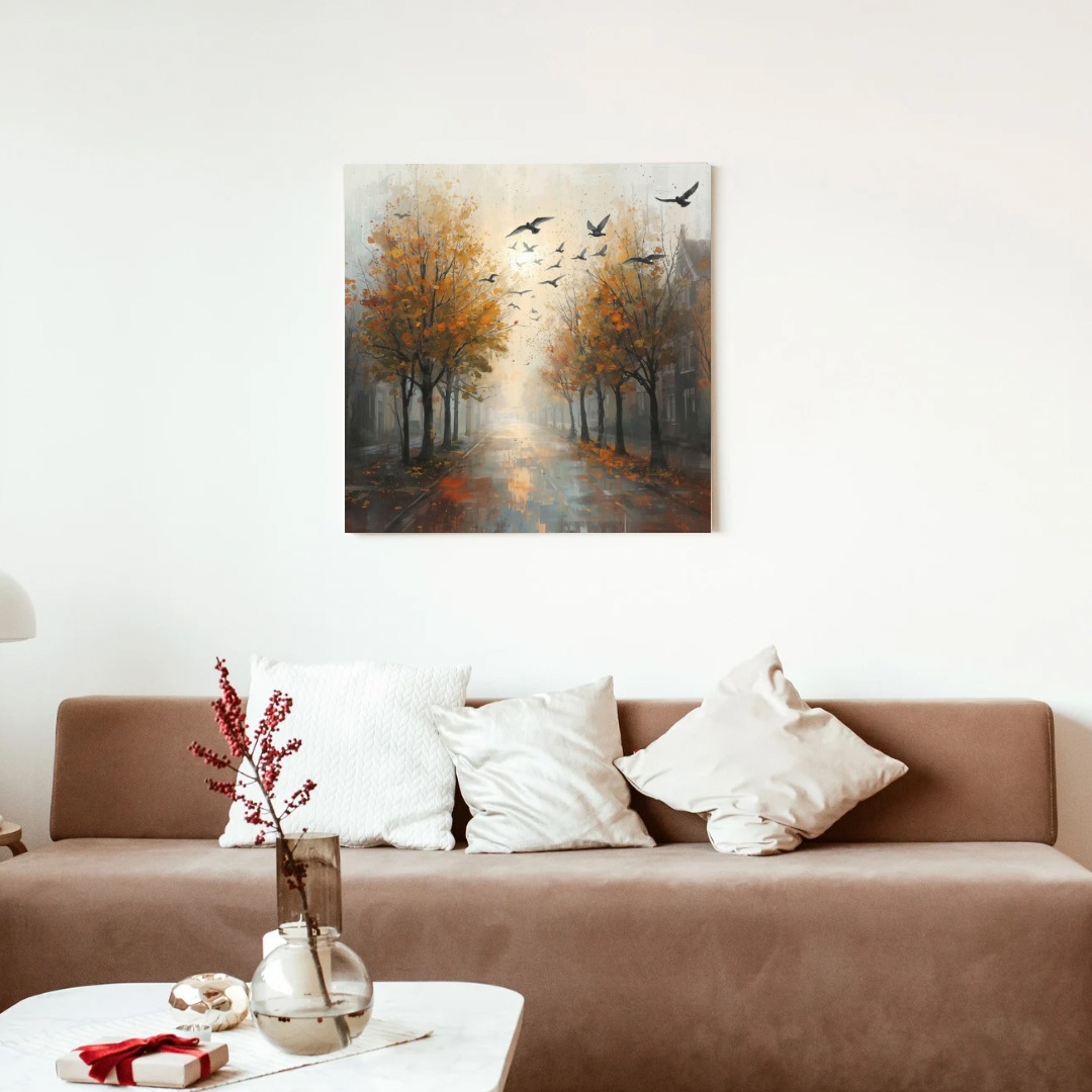 Herfstlaan oranje bomen vliegende vogels impressionistisch schilderij in zwarte lijst aan witte muur boven bruine bank met witte kussens en takken in vaas – woonkamer schilderij
