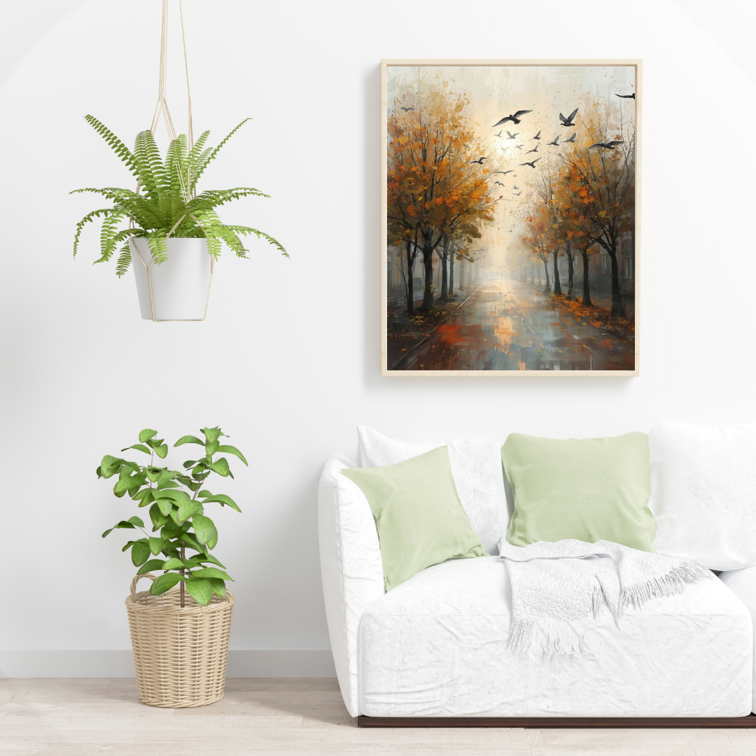 Herfstlaan oranje bomen vliegende vogels impressionistisch schilderij in zwarte lijst aan witte muur boven witte bank met lichtgroene kussens en grote groene plant – woonkamer schilderij
