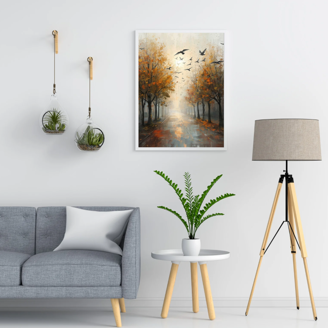 Herfstlaan oranje bomen vliegende vogels impressionistisch schilderij in twee zwarte lijsten aan witte muur boven grijze bank met witte kussens en vloerlamp – woonkamer schilderij
