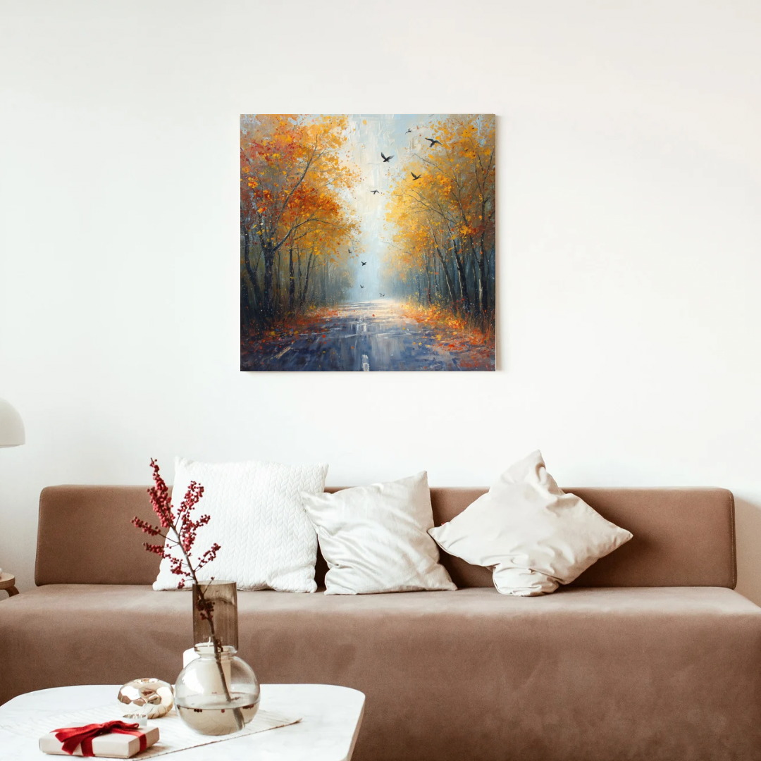 Herfstlaan gouden bomen vliegende vogels blauwe reflecties schilderij in zwarte lijst aan witte muur boven bruine bank met witte kussens en takken in vaas – woonkamer schilderij
