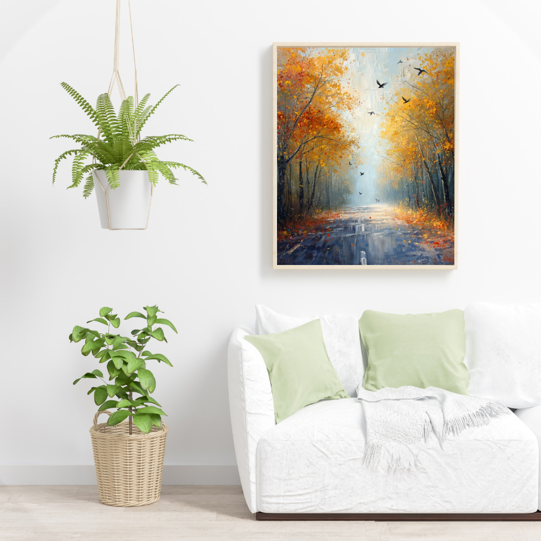 Herfstlaan gouden bomen vliegende vogels blauwe reflecties schilderij in zwarte lijst aan witte muur boven witte bank met lichtgroene kussens en grote groene plant – woonkamer schilderij
